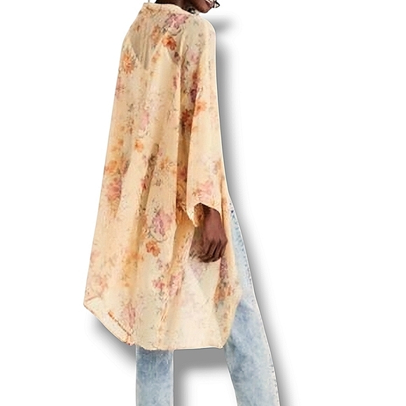 American Eagle Outfitters AEO yellow amd pink floral sheer relaxed fit kimono OS - Picture 1 of 12